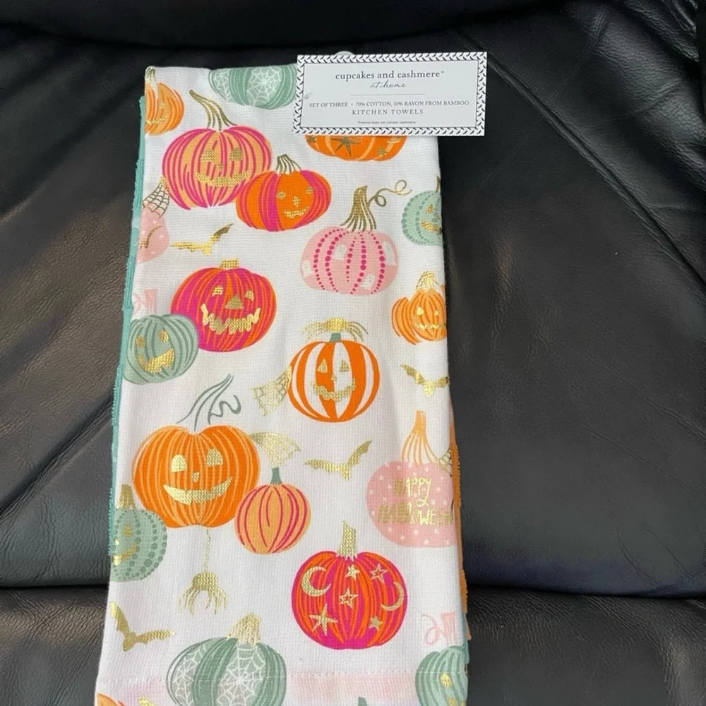 Halloween Cupcakes and Cashmere Pumpkin Kitchen Towel Set of 3